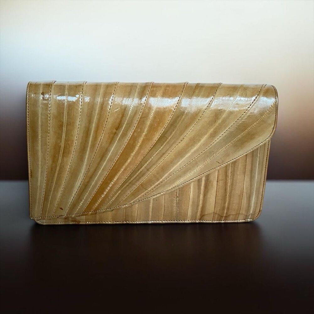 Vintage Genuine Eel Skin Clutch Shoulder Bag Beige Tan Korea Removable Strap 80s